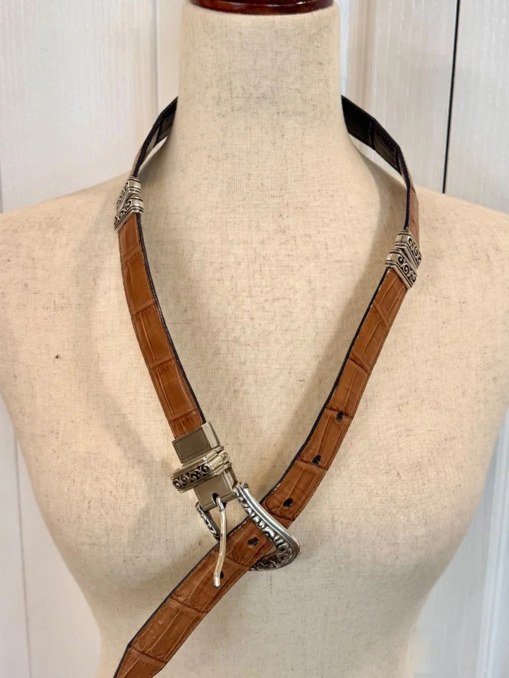 Vintage Woman's Size S Brighton Reversible Belt Cognac & Black Leather Mock Croc